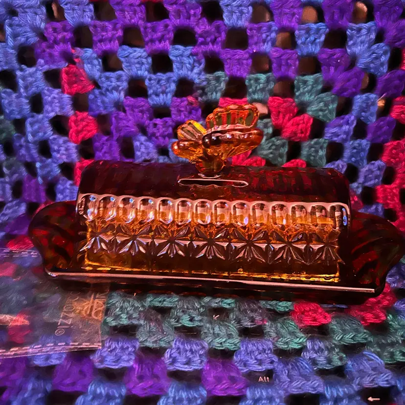 Vintage Amber Glass Butter Dish w/Butterly Detail