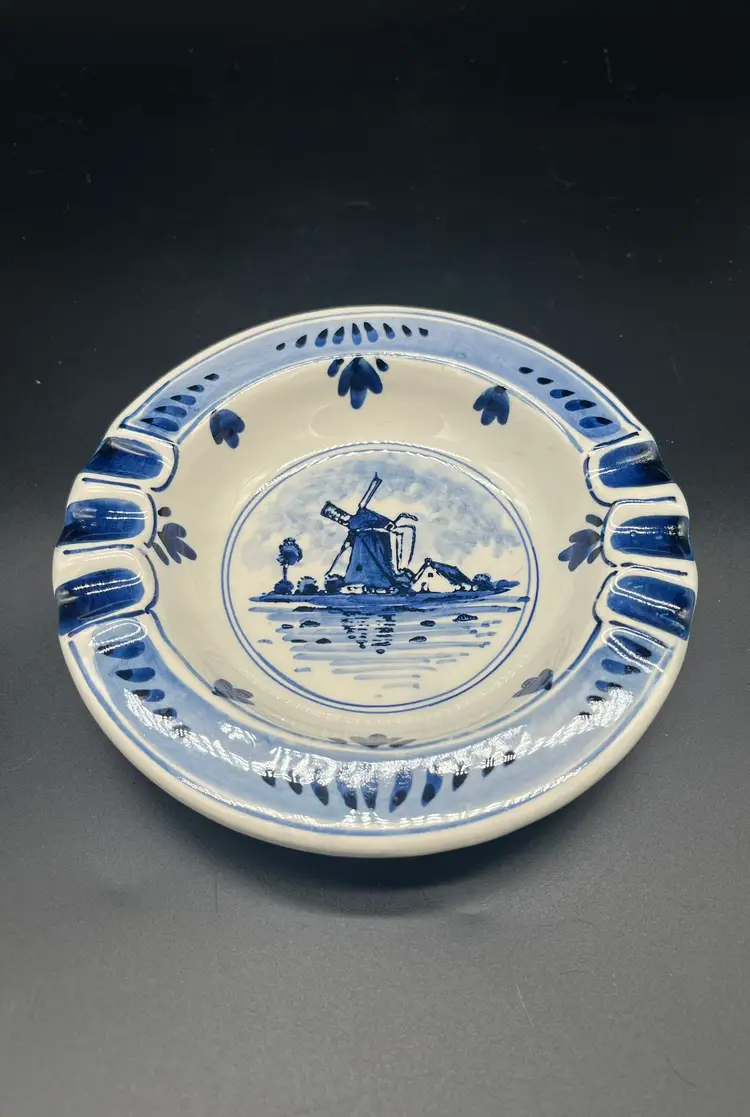 Vintage Delft Blau Holland Ashtray - Windmill Scene, Signed DP - 6" Blue & White Ceramic