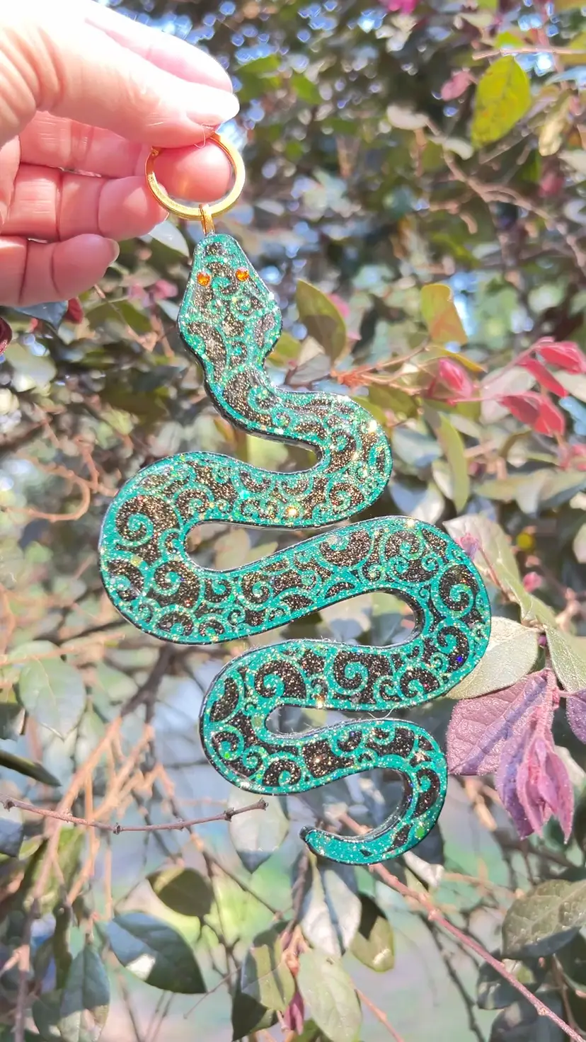 Sparkly Green Snake 🐍 . Orange Swarovski Crystal Eyes. Wall Hanging Decor. Handmade By Me!