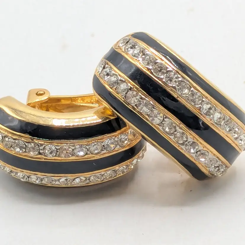 Vintage Gold Tone Rhinestone Black Enamel Half Hoop Clip On Earrings