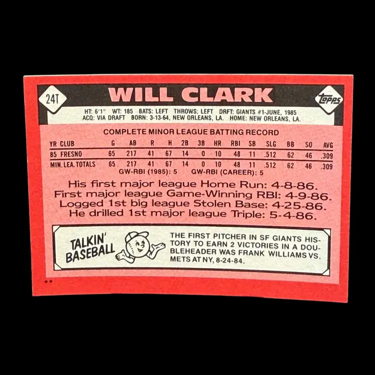Will Clark 1986 Topps Traded #24T RC San Francisco Giant - Fresh Pull