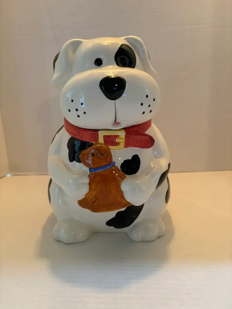 Vintage CKAO White Dog with Black Spots and Red Collar Cookie Jar Ceramic