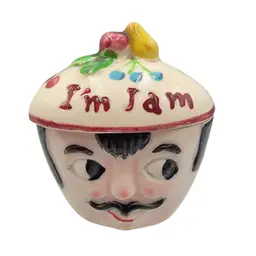 1940s Anthropomorphic I'm Jam Ceramic Condiment Jar With Lid - Hand-Painted Fruit Topper Design
