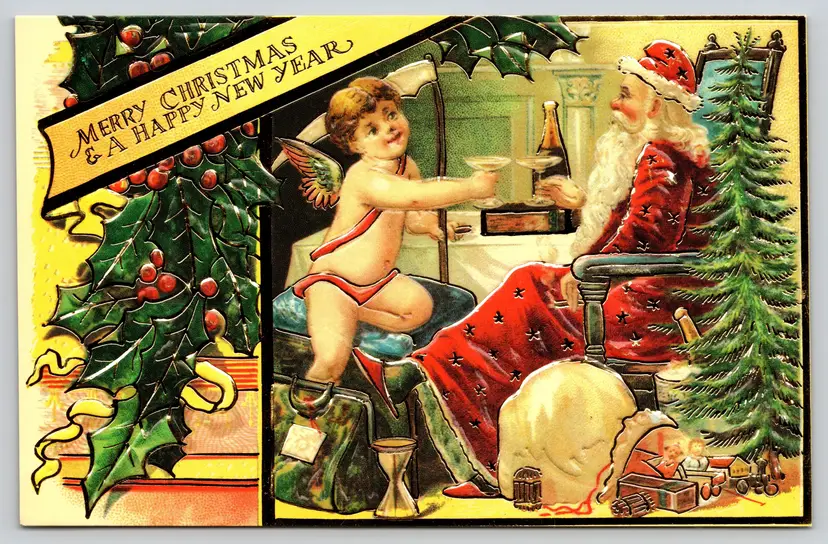 Postcard Merry Christmas Happy New Years Embossed Red Santa Toasting Champagne with Cherub Angel - Repro - 14612