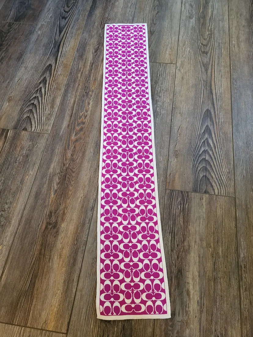 Coach Women's Wool Scarf  100% Merino Wool "C" Logo Scarf Magenta White