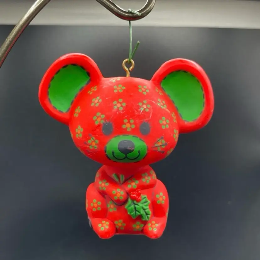 Hallmark Red Calico Mouse Hanging Christmas Ornament VTG Holiday Decor