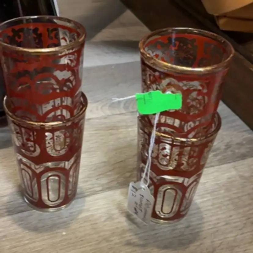 Red Enameled And Gold Shot Glass Set Of 4