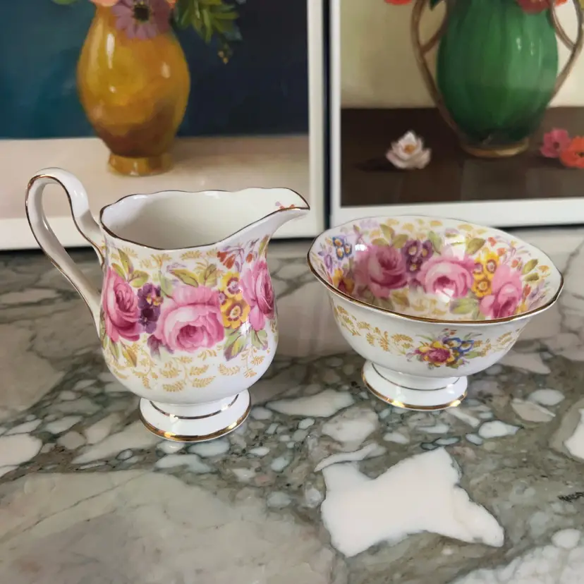 Vintage Royal Albert Serena Pink Roses Bone China Creamer & Sugar Bowl