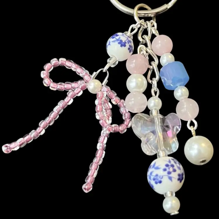 Handmade By Me - Pastel Pink & Blue Bead Keychain, Cute Sparkly Blue And Pink Seed Bead Bow Keychain, Handmade Keychain, Handmade Bag Charm, Cutesy Pastel Pink And Blue Bag Charm, Coquette Style Bag Charm, Made By NN Artist, Glass Charms