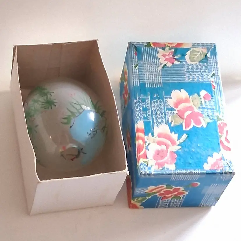 Vintage Japanese Hollow Blown Glass Reverse Painted Egg, NIB!