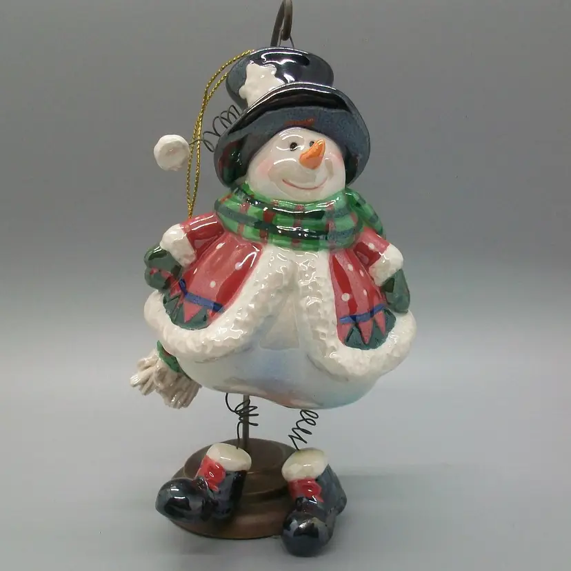 Vintage Iridescent Glaze Ceramic Snowman Figurine Ornament Dangle Legs Red Jacket Green Plaid Scarf