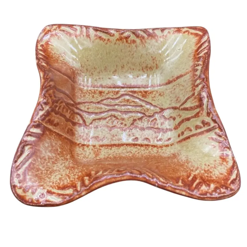 Handmade Pottery, Brown Glazed, Embossed Mountain-scape Key/Trinket Dish, Signed