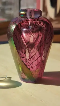 Iridescent pink vintage art glass perfume bottle signed, 1995