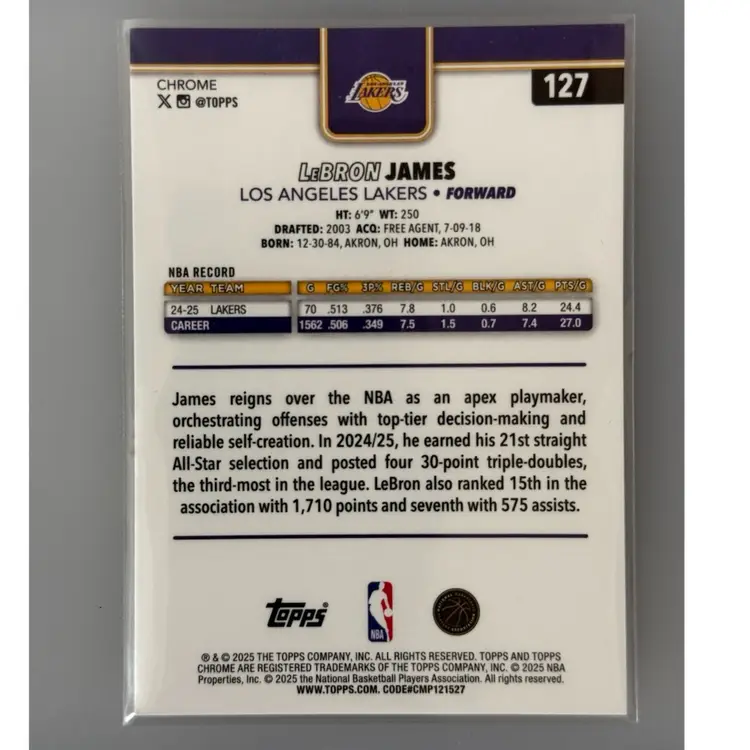 Lebron James 2025 Topps Chrome Bball Parallel #127 Lakers