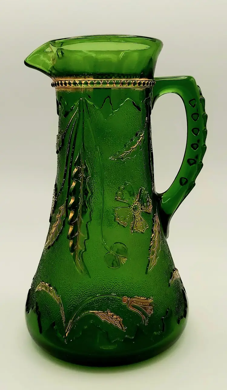 Antique EAPG US Glass Company Delaware Pattern  Emerald Green & Gold Accents Large Pitcher Vase