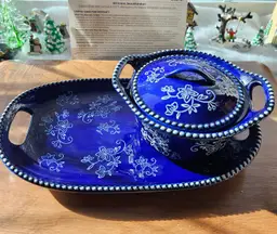 3pc Temptations Blue Floral Lace Lidded Soup and Sandwich Set - NEW without orig. box
