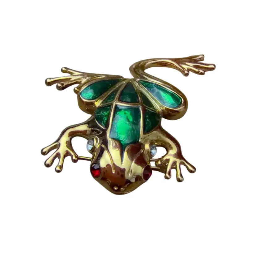 Green Enamel And Gold-Tone Frog Brooch Lapel Pin Crystal Details