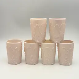 Vintage Dugan Inverted Fan And Feather Slag Custard Rose Opalescent Pink Glass Tumbler 6pcs