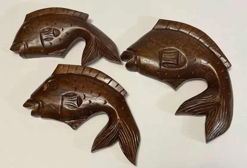 Wood Hand Carved Fish Shaped Wall Hanging Art Nautical Decor Carved MCM Design