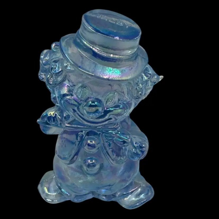 1970s iridescent blue glass Wilby Fiddler Clown figurine by Mosser Glass.