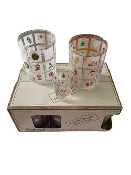Vintage Holiday Culver Bar Set 5 Glasses 14 oz Shot Glass Hand Silk Screened W Box