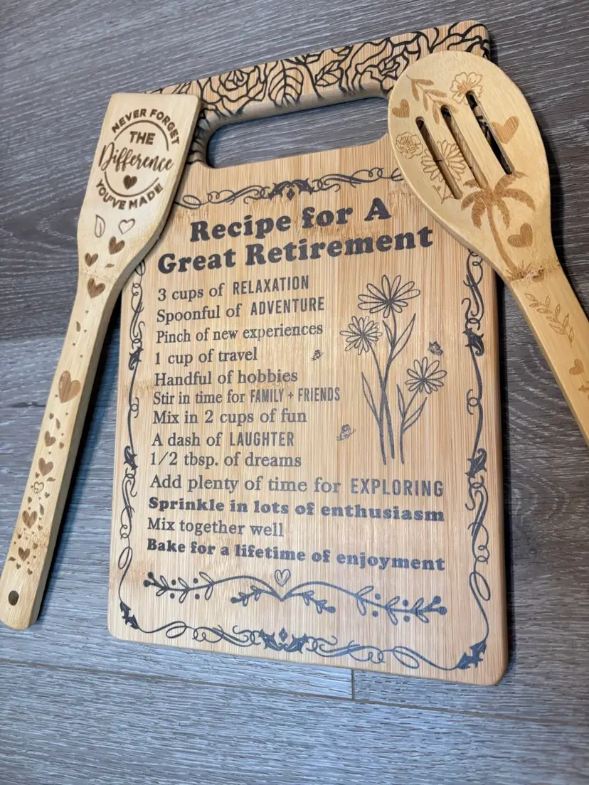 Bamboo cutting board set engraved with a "Recipe for A Great Retirement"