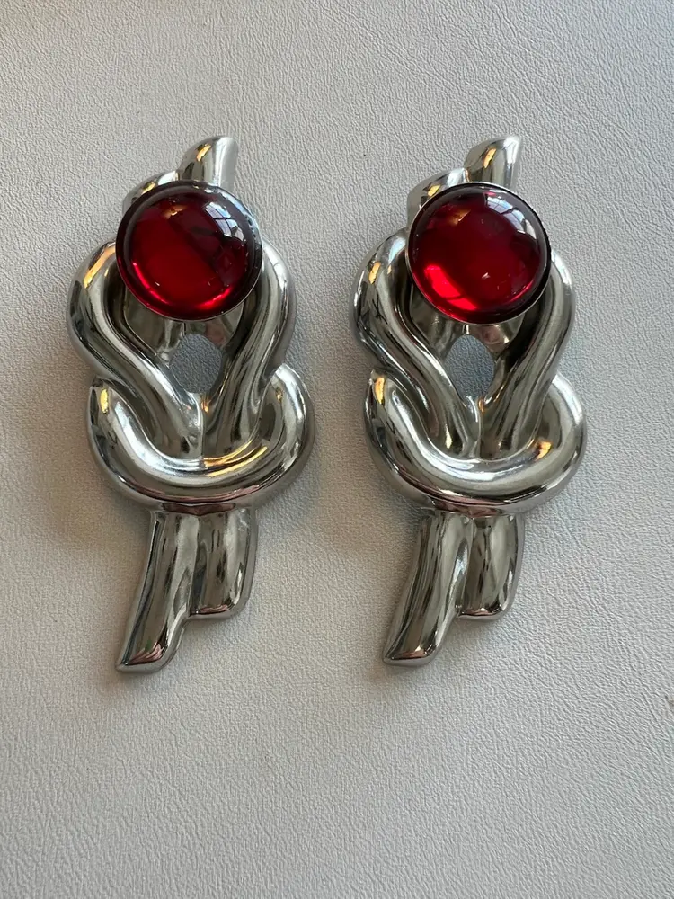 Vintage Silver Tone Knot Earrings with Red Cabochon Stones - Statement Dangles