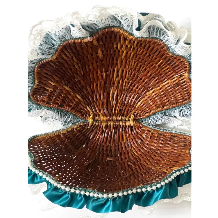 Handmade Wicker Basket Clamshell Shaped Girl Doll Figurine Teal Dress Lace 11 in