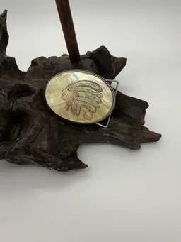 Mother Of Pearl Painted Native American Vintage Belt Buckle Oval Silver Tone