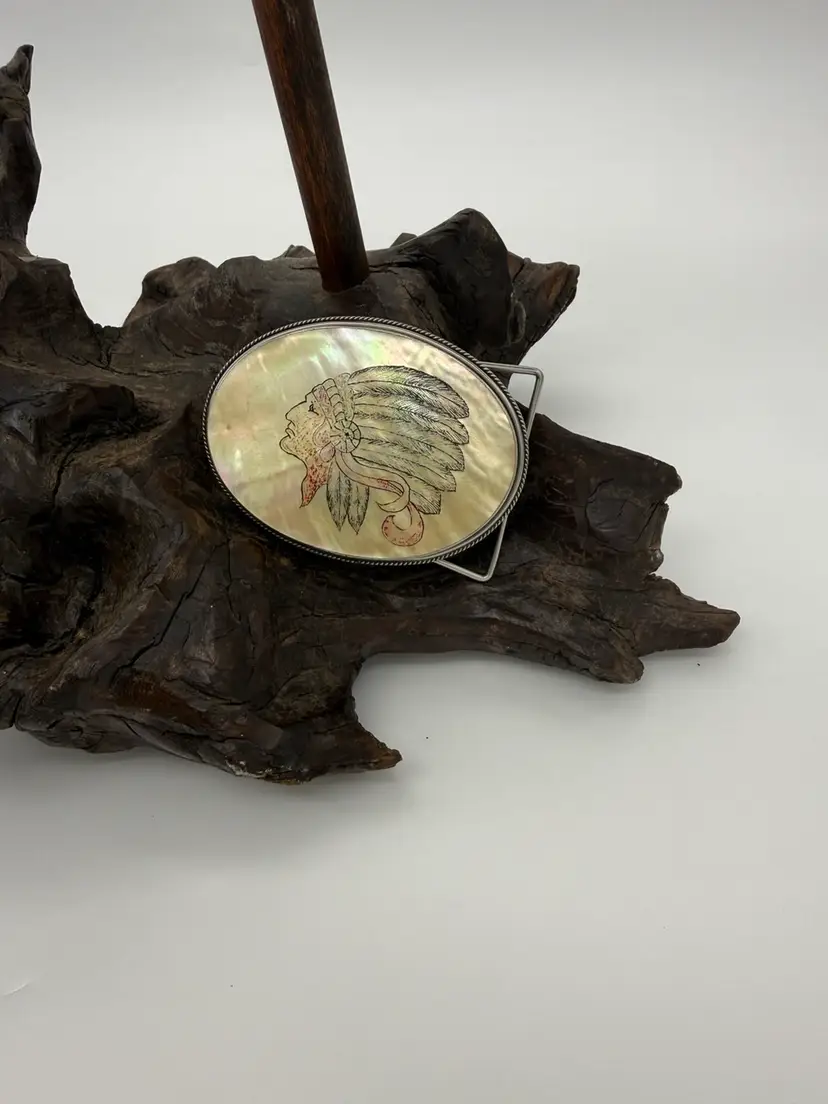 Mother Of Pearl Painted Native American Vintage Belt Buckle Oval Silver Tone