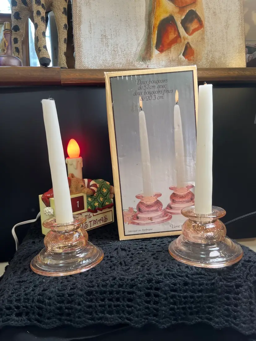 Indiana Glass Pastel Pink Glass Taper Candle Holders, w/ Original White Tapers. Has Original Box!