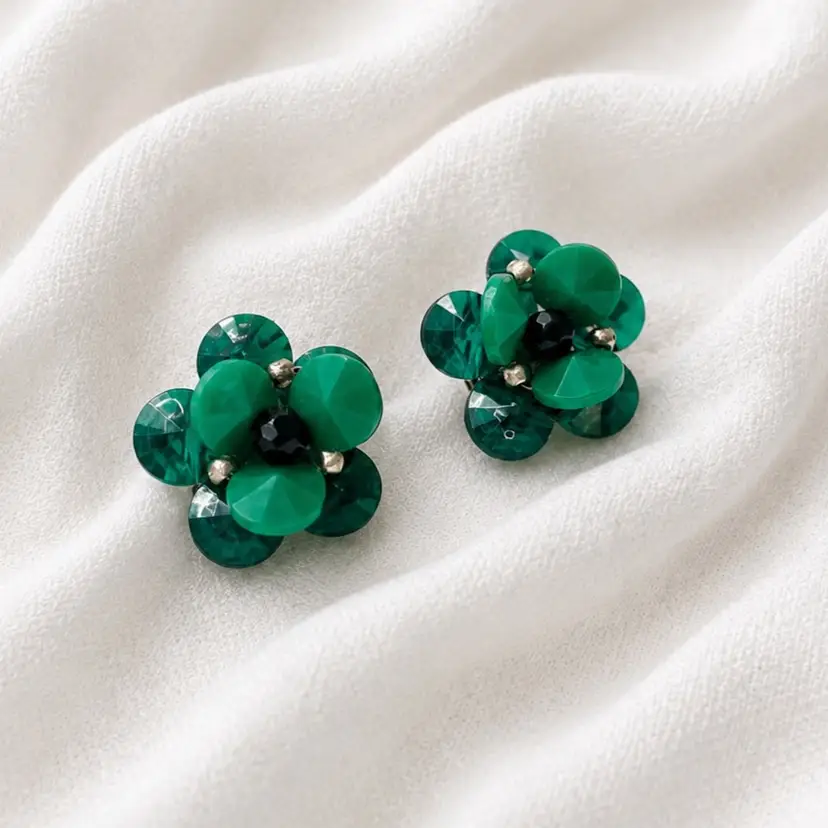 #J31 - Vintage West Germany Green Plastic Cluster Clip Earrings