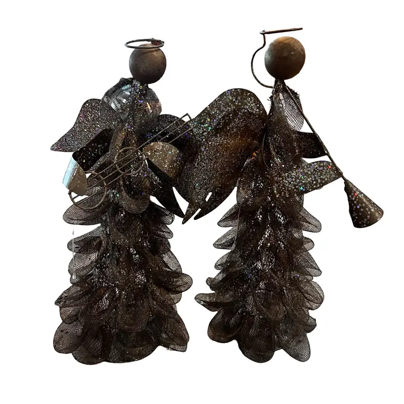 Set Of 2 Metal Gold Tone glitter Angels Christmas tabletop decor holiday