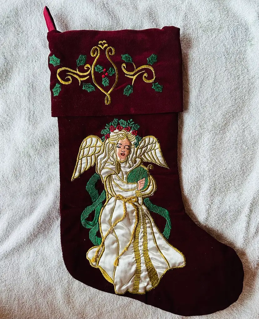 EUC Vintage L’Art De Chine Velvet Christmas Stocking Angel Appliqué & Embroidery