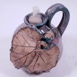 Signed MOTHER EARTH Ozarks Studio Pottery Maple Leaf Pink STONEWARE OIL LAMP JUG