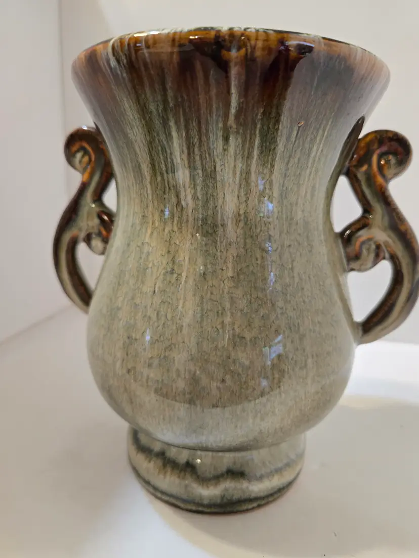 Vintage Two Handle Trophy Handle Vase Heavy Brown Green Slick Drip Glossy Glaze