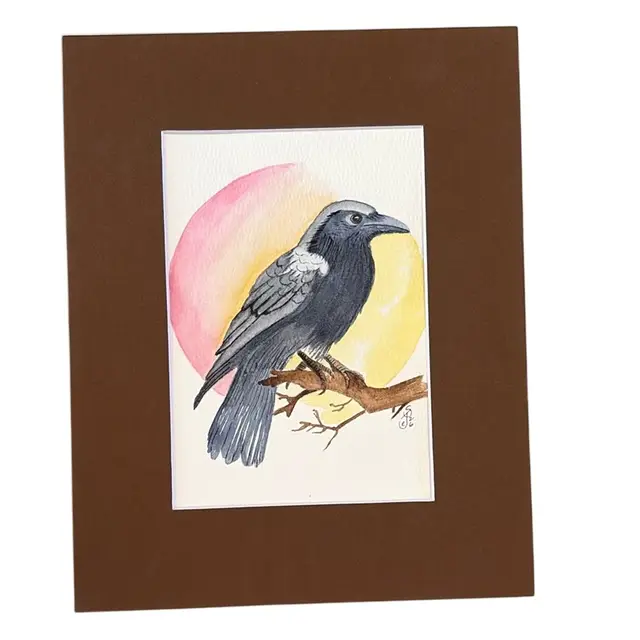 Original Watercolor Crow In Front Of Moon 5x7” In 8x10” Matte