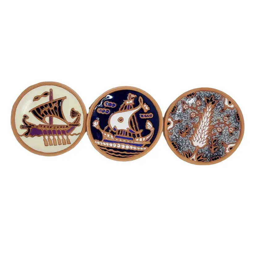 Vintage Set of 3 Handmade Plates By Bonis Pottery In Rhodes Greece Viking Boats