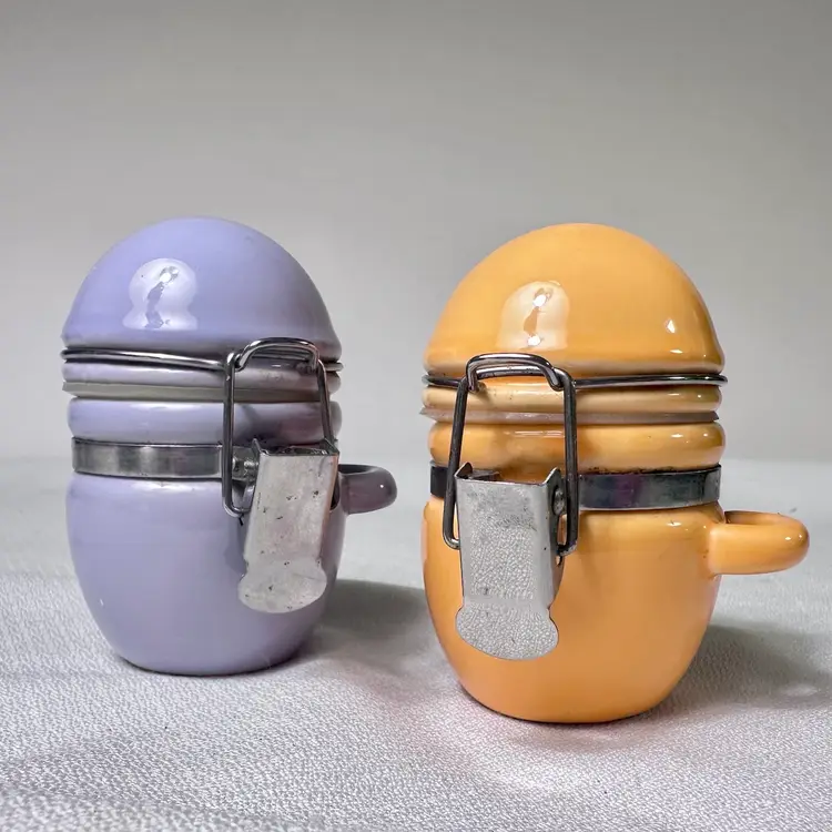 Mini Ceramic Locking Lid Jars Purple And Orange Cute Storage Containers VTG