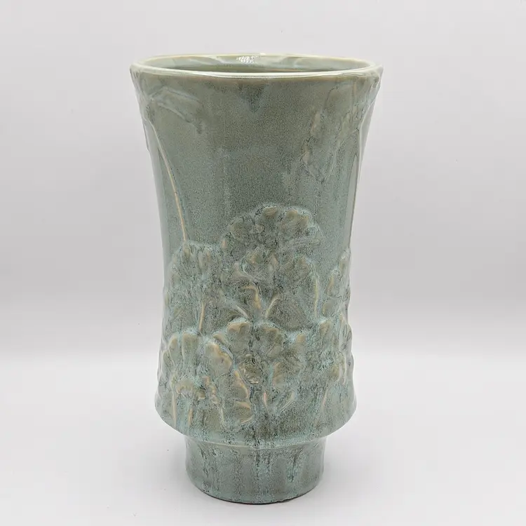 Celadon Green Vase Art Pottery Floral Botanical Relief 10” Glazed
