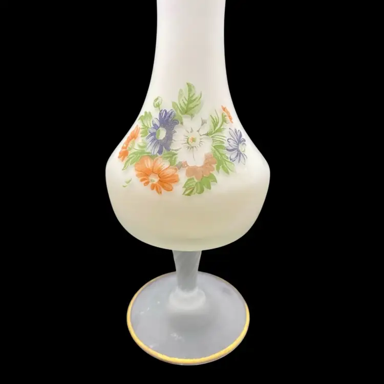 Vintage Frosted White Satin Cased Glass Bud Vase, Flowers w/Gold Trim, Spiral Stem
