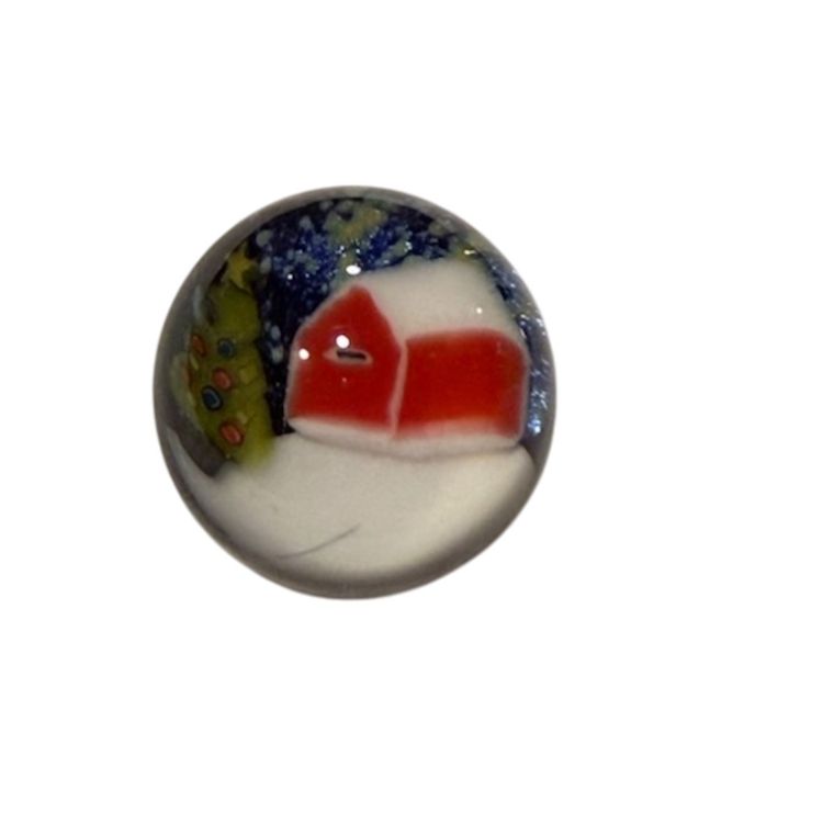 Marble * Zac De Simone Art Glass - .75” - 3D Christmas Scene Dichroic Starry Night, Red Barn & Trees In Snowy Field