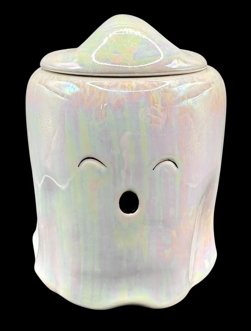 10 Strawberry Street Ceramic Ghost Halloween Cookie Jar Canister Iridescent 6.5”