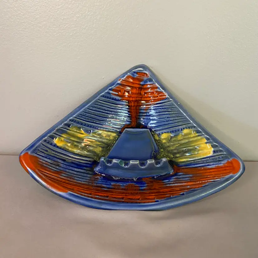 California Pottery blue & orange triangular ashtray