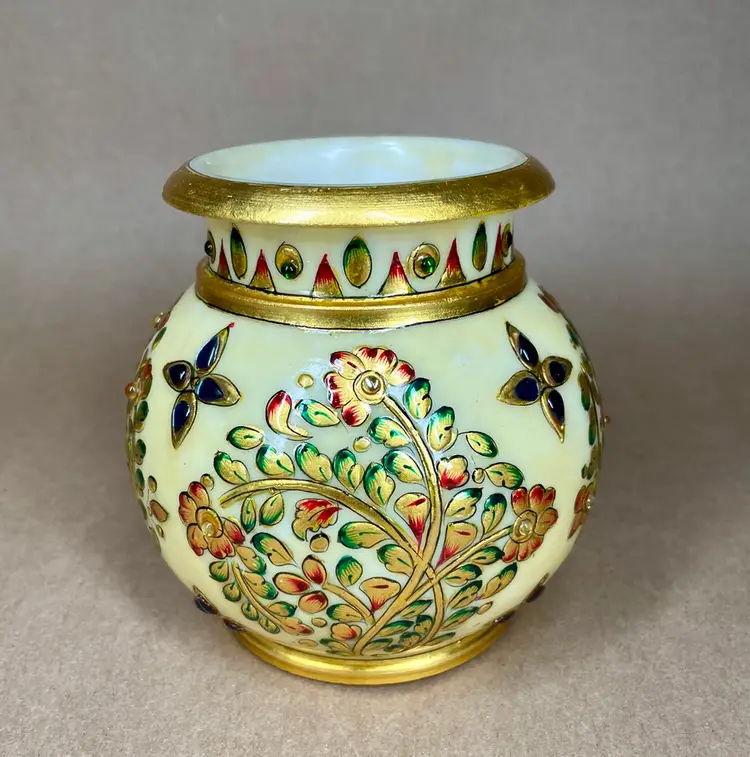 Makrana Marble Hand Painted Floral Bejeweled Vase, Light Thru