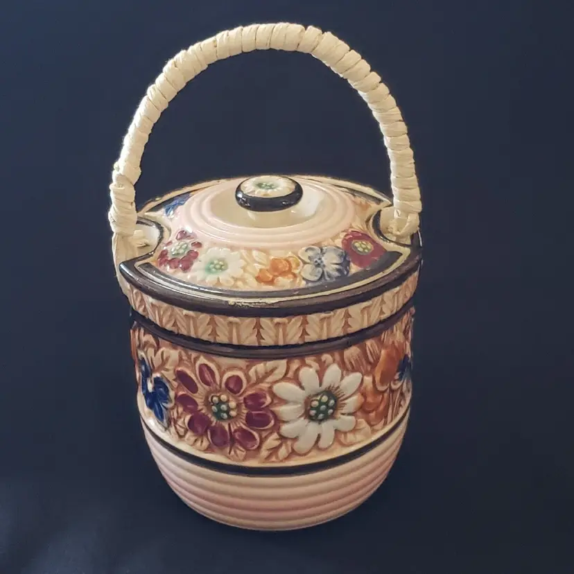 Vintage Biscuit / Cookie Jar Japan Wicker Handle Floral Flowers - Hand Painted