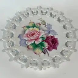 Lefton China- Decorative Plate, Reticulated Lattice Edge, Hand Painted- Stamped With Sticker- 8” Vintage