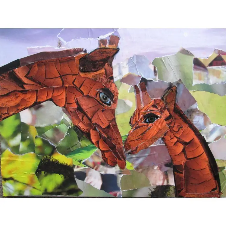"Mom and Baby Giraffe" Paper Collage - 14" x 11"