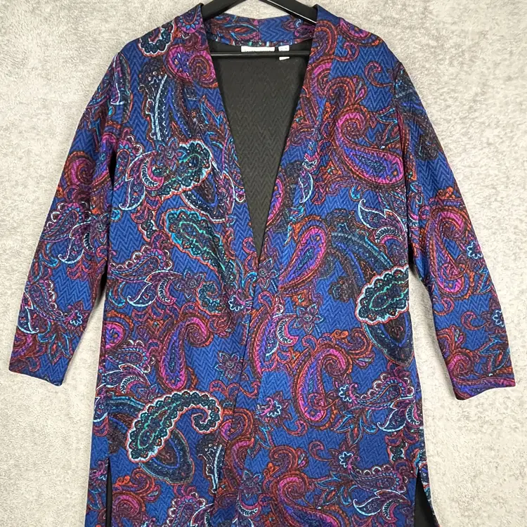 Susan Graver Long Open Front Cardigan Womens PTP 21" Size M Blue Multicolor Paisley Artsy Bold Classic