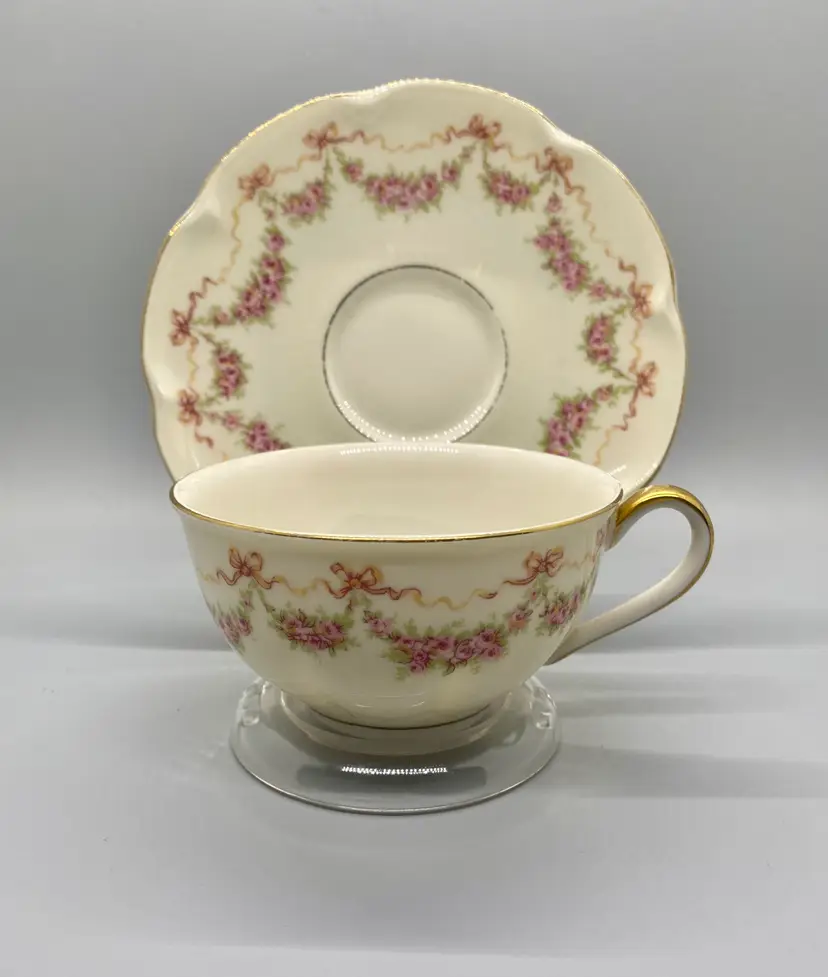 Theodore Haviland Hamilton Pink Rose Garland Cup and Saucer with Display Stand